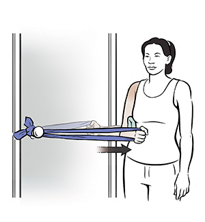 Woman doing internal rotation shoulder exercise.